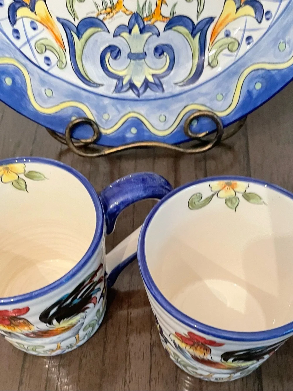 Hand-Painted Rooster Ceramic Dinner Plate - Blue Accent